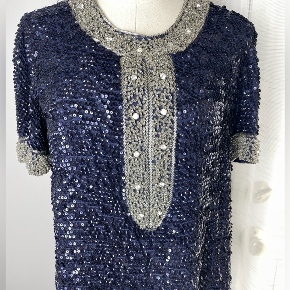 Candela NYC Blue & Silver Beaded Sequined Mini Shirt Dress Size Small - Picture 7 of 11
